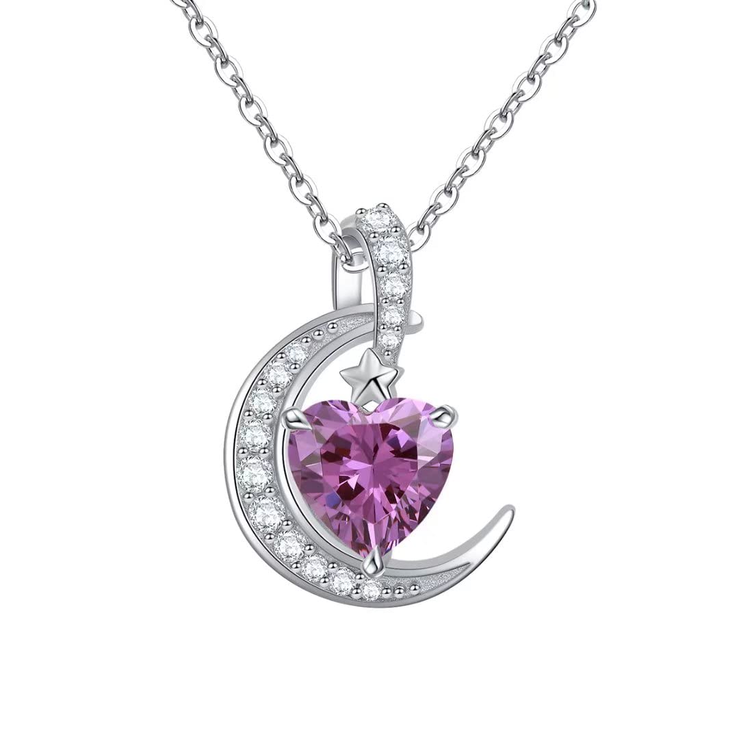 Qings Amethyst February Birthstone Heart Necklace - 925 Sterling Silver Moon Necklaces Purple Cubic Zirconia for Women Girls Gifts Jewelry