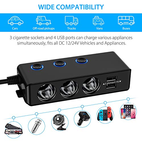 [Quick Charge 3.0] 3-Socket Cigarette Lighter Adapter, 120W 12V/24V Car Power DC Outlet Splitter with 8.5A 4 USB Charging Ports Car Charger (Black) - Thumbnail 2