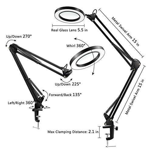 LANCOSC LED Magnifying Lamp with Clamp, 10 Levels Dimmable, 3 Color Modes, 5-Diopter Real Glass Lens, Adjustable Swivel Arm Lighted Magnifier Light for Desk Table Craft Workbench Close Work-2.25X