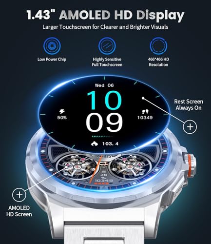 Men's Smart Watch with Bluetooth Call,1.43''Amoled/3 Straps Silver | Men's Smartwatch with IP68 Waterproof, 110 + Sports Modes/Heart Rate Monitor/Sleep Bracelet Activity Android iOS