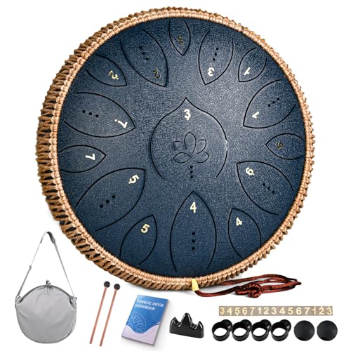 Zungentrommel 13 Zoll 15 Töne, Hand Pan Drums für Erwachsene 440hz, C-Dur Handpan Musikinstrument mit Liederbuch, Schlägeln und Tragetasche, Dunkelbla