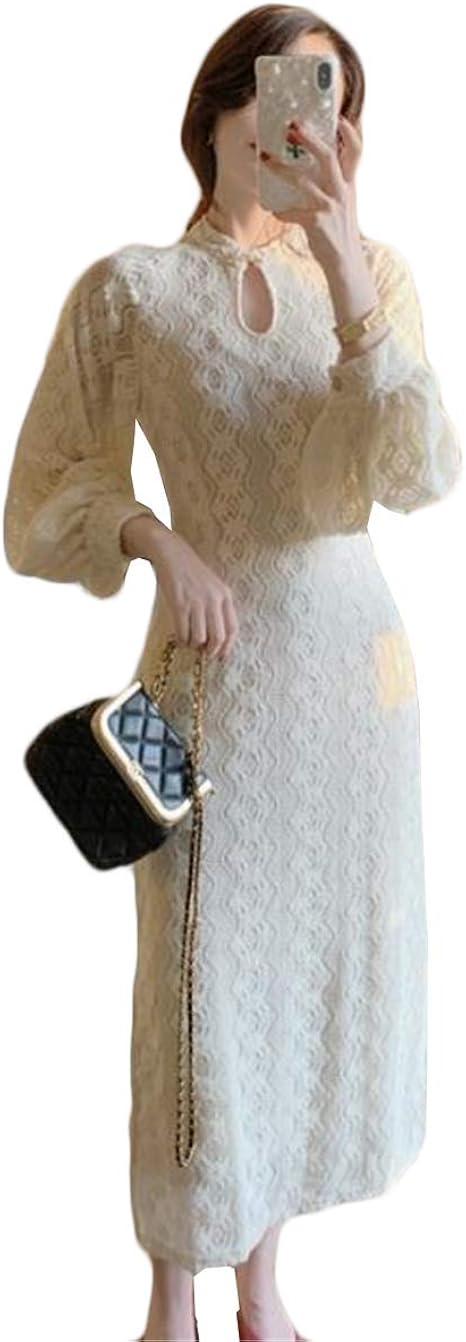 Amazon スーイ レディースワンピース チャイナドレス タイトワンピース レース 改良する旗袍 パフスリーブ スリット セクシー ロング丈 スリム 着痩せ ドレス エレガント レトロ パーティー 結婚式 演奏会 パーティードレス 通販