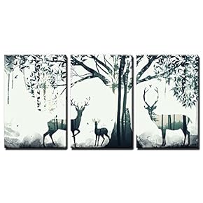 Two Bucks And Baby Deer - 3 Panel Canvas Art