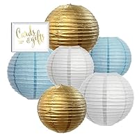 Andaz Press Hanging Paper Lantern Party Decor Trio Kit with Free Party Sign, Gold, Baby Blue, White, 6-Pack, For Boy Baby Shower Baptism Decorations