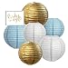 Andaz Press Hanging Paper Lantern Party Decor Trio Kit with Free Party Sign, Gold, Baby Blue, White, 6-Pack, for Boy Baby Shower Baptism Decorations
