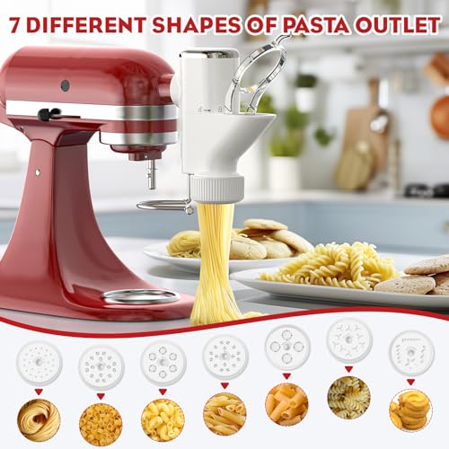 Gourmet Pasta Press Attachment for KitchenAid Stand Mixers, Pasta Press Maker for KitchenAid with 7 Interchangeable Pasta Plates