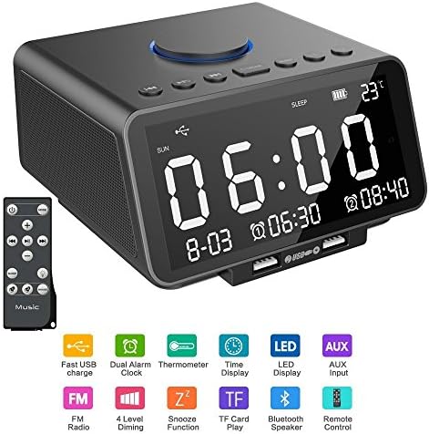 Alarm Clock Radio, Hetyre 5.5 Inch Digital Radio Alarm Clock, Bluetooth Speaker with Dual USB Port, Gradual Wake-up, Sleep Option, Temperature/LED Display/TF-Card/Date Display for Bedroom (Black)