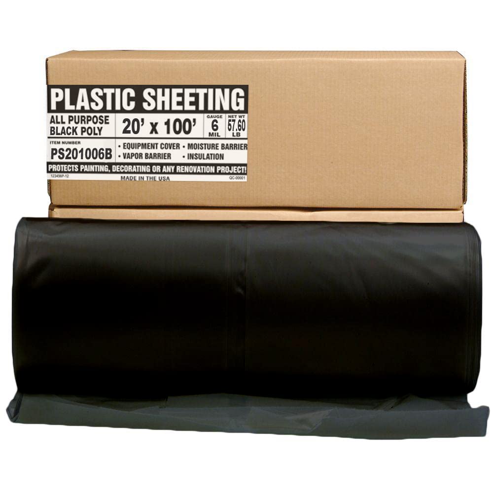 Aluf Plastics Black Plastic Sheeting - 20' x 100', 6 MIL Heavy Duty Gauge - Vapor and Moisture Barrier Sheet Tarp/Drop Cloth for Greenhouses, Painting, Furniture Covers, Carpet Cover, Floor, Paint Image