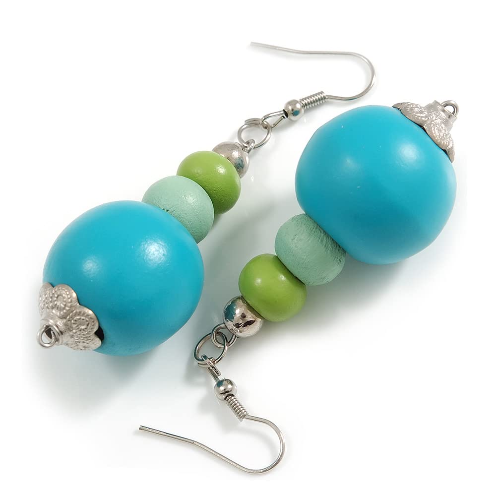 Graduated Turquoise/Mint/Lime Green Painted Wood Bead Drop Earings - 65mm Long
