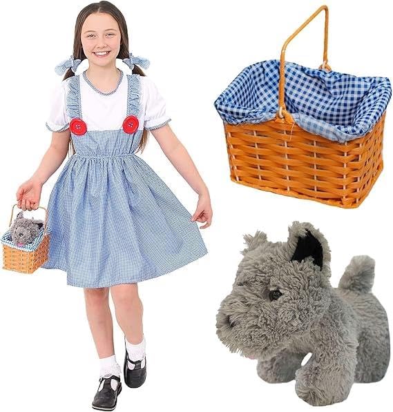 Girls Dorothy Style Costume with Dog in Basket – Blue Gingham Dress Outfit with Matching Hair Ties and Plush Grey Dog – Kansas Storybook World Book Day Fancy Dress