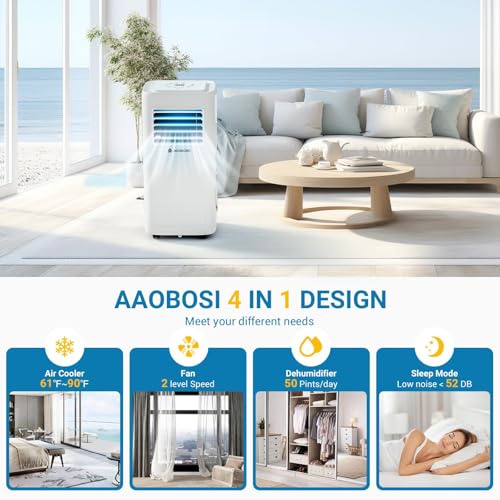 AAOBOSI Portable Air Conditioner, 8000 BTU Portable AC Units for Room up to 182 Sq.Ft, 4-in-1 AC Cooler with LED Display/24Hrs Timer, Installation Kit for Home, Office, Dorm