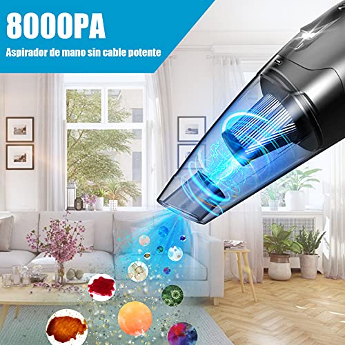 Aspirador de Mano sin Cable, Aspirador de Coche de 120W 8000PA, Luz LED, Filtro Lavable, Aspiradora Recargable Portátil Profesional en Seco y Húmedo para Hogar Oficina