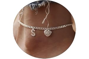 Sewyer Dainty Silver Initial Heart Anklets for Women Personalized Sparkle Ankle Bracelets Simple Letter Anklet Everyday Jewelry Gift for Her