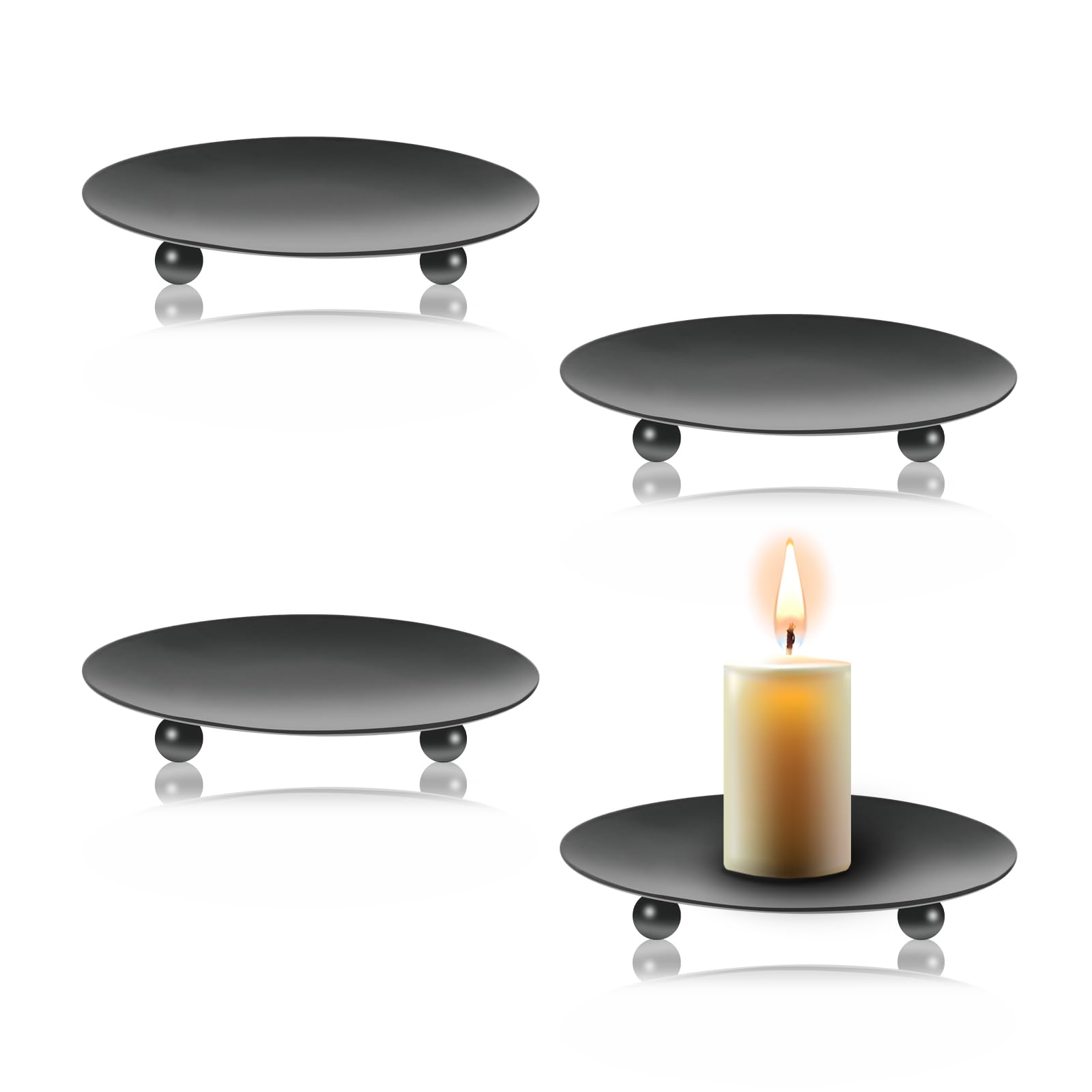 YoHyien 4 Pcs Pillar Candle Holders 3.5 in, Candle Plates for Pillar Candles, Metal Candle Dish, Retro Candle Holder Tray for Christmas, Home Party, Wedding Decoration, and Dinner (Black)