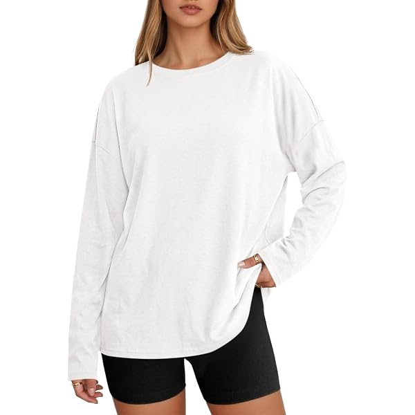 Cotton Long Sleeve Shirt Women Oversized Crew Neck Tunic Tops with