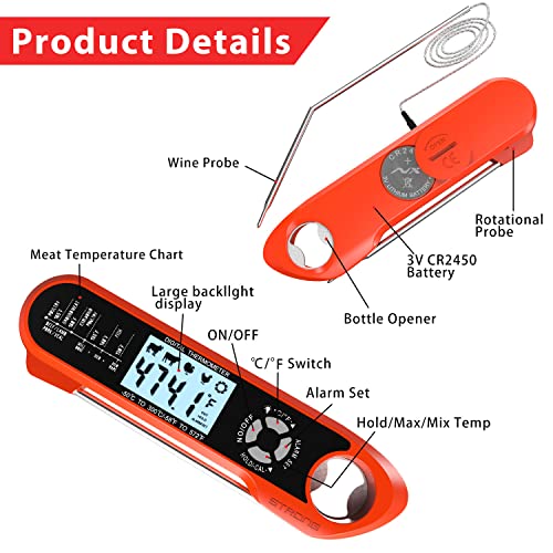 Bauihr Termómetro Digital de Carne Cocina, Termometro Cocina de Doble Sonda，Termómetro para Cocina Impermeable con retroiluminación LED y alarma, para cocinar, horno, grill