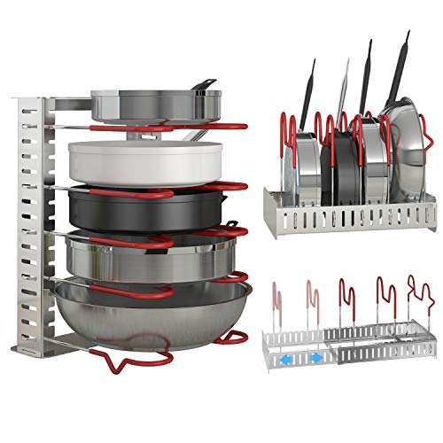 Lifewit Expandable Pan and Pot Lid Organizer Rack Holder Adjustable Kitchen Cabinet Pantry, 5-Tier Compartments Cupboard Bakeware Lid Plate Holder, Silver and Red