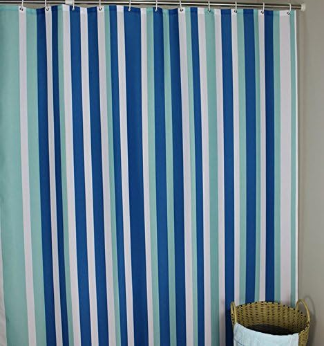 Long Shower Curtain, Welwo 72 x 75-inches X-long Shower Liner Mold/Mildew Resistant Fabric Extra Long Shower Curtain Liner Waterproof with Hooks for Bathroom Décor Curtains - Blue White Green Striped