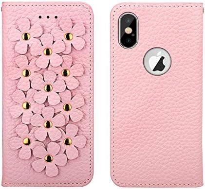 iPhone X Case (5.8"), Premium Handmade PU Leather Wallet Case with 2 Card Holder for Apple iPhone X, Book Design 3D Flower Patchwork Flip Cover Case for Girls and Women (Pink)