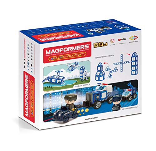 Magformers Amazing Police 50Piece, Wheels, Blue Red Colors, Educational Magnetic Geometric Shapes Tiles Building STEM Toy Set Ages 3+