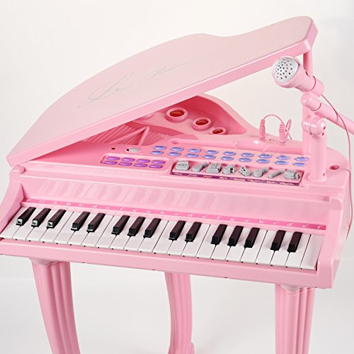 Mallya Musical Kids Electronic Keyboard Childs 37 key Toy Grand Beginner Baby Piano with Bench and Microphone Princess Pink - Thumbnail 3