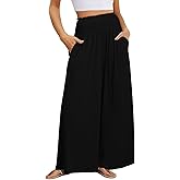 KISSMODA Women Palazzo Pants Summer Boho Bagyy Wide Leg High Smocked Waist Flowy Beach Casual Trousers with Pockets