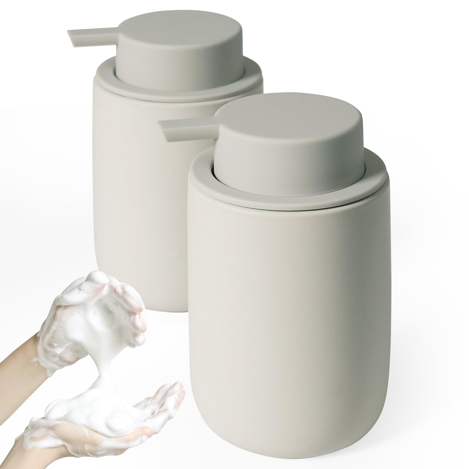 Photo 1 of INGOFIN Ceramic Foaming Soap Dispenser Set, 2 Pack (12 oz) Bathroom Foam Hand Soap Dispenser with Pump, Hand and Dish Dispenser Set with 8 Pcs Clear Stickers,for Kitchen- Grey
