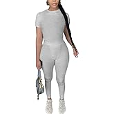 AYWA Two Piece Outfits for Women Fitted Crew Neck T-shirt High Waist Leggings Biker Shorts Matching Sets Streetwear
