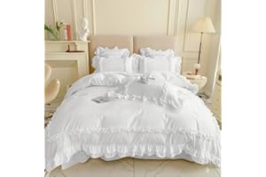 SOUKECHY Chic Lace Bedding,Girls Twin Aesthetic Comforter Cover Set,Cute Princess Style Ruffled Duvet Cover with 2 Layers Ruffles, Zipper Closure-White,Twin