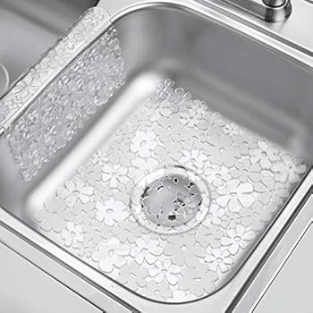 mDesign Decorative Kitchen Sink Protector Mat Pad Set, Quick Draining - Use In Sinks to Protect Surfaces and Dishes - Fun Floral Design - Includes 1 Sink Saddle, 1 Sink Mat - Set of 2, Clear