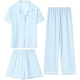 Girls 3 Piece Pajamas Silky Pajama Set Stain PJs Sleepwear for Kids, 5-14 Years