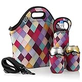 Tabkoe Insulated Neoprene Lunch Bag Set with Tote, Bottle Sleeve, 2 Can Insulators & Adjustable Crossbody Shoulder Strap | Washable, Reusable, Stretchy, Extra Large Travel Lunch box (Diamond Colorful)