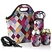 Tabkoe Insulated Neoprene Lunch Bag Set with Tote, Bottle Sleeve, 2 Can Insulators & Adjustable Crossbody Shoulder Strap | Washable, Reusable, Stretchy, Extra Large Travel Lunch box (Diamond Colorful)