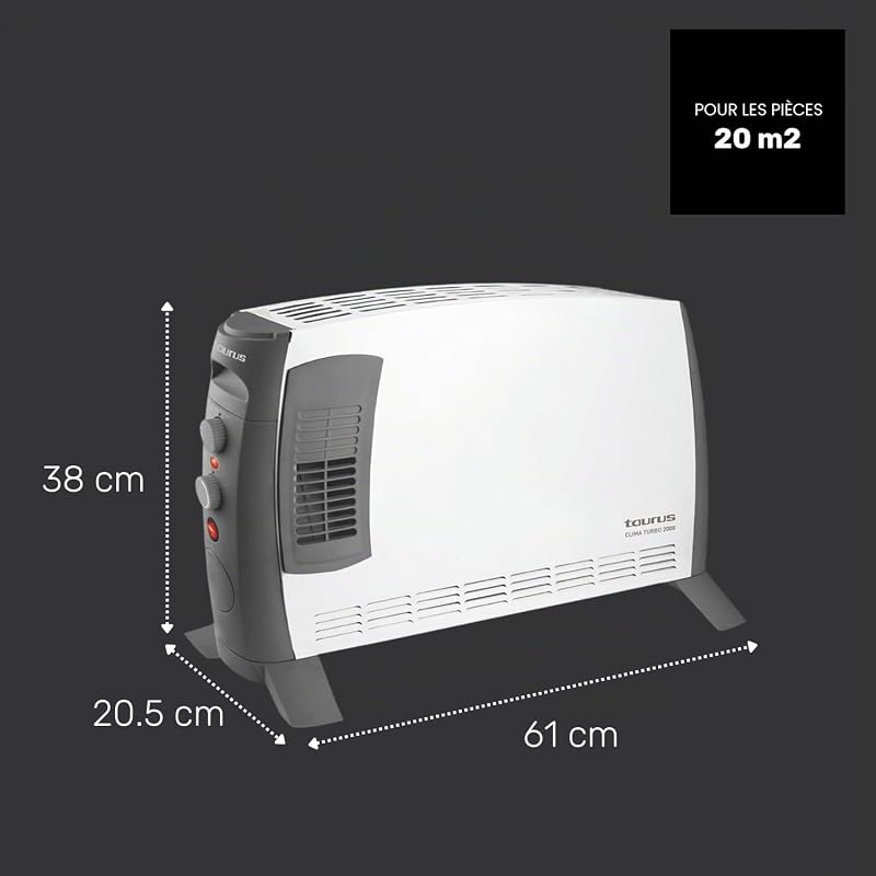 – Radiateur convecteur Clima Turbo 2000 | 2000W | 3 intensités de chaleur + Turbo | Thermostat Réglable | Pour surfaces jusqu’à 20m² | Pieds inclus | Poignée de transport