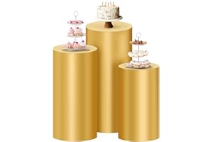 Socomi Cylinder Pedestal Stand Covers Spandex Flexible Display Box Stand Covers for Birthday Party Wedding Baby Shower Decoration- Only Stand Covers Included Set of 3 Gold