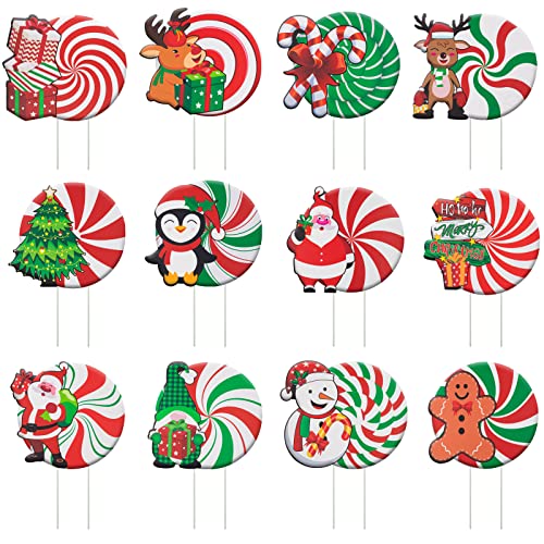 12 PCS Christmas Decorations Outdoor Yard Signs, Candy Xmas Holiday Lawn Garden Decorations,Waterproof Double Side Print for Pathway Walkway Holiday Decor (Style1)