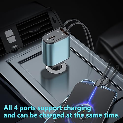 Retractable Car Charger, 4 in1 Fast Car Phone Charger 120W, 2.7Ft Retractable Cables and 4 Electronic Ports, Car Charger Compatible for iOS & Android Cell Phones All Device Charging
