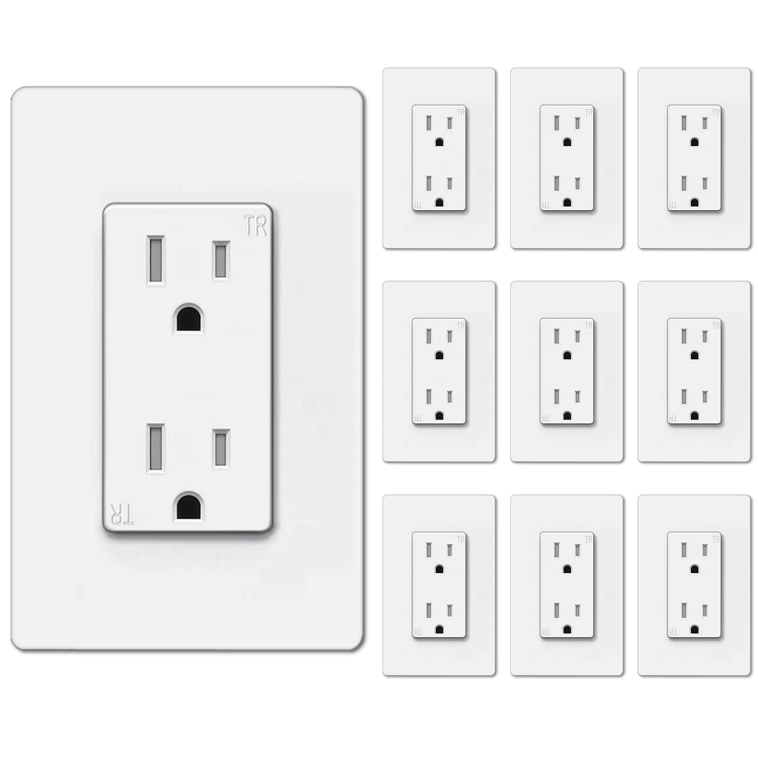Photo 1 of BESTTEN 15 Amp Decor Receptacle Outlet with TR (Tamper Resistant), 15A Decorator Electrical Wall Outlet, Screwless Wallplate Included, for Commercial and Residential Use, UL Listed, 10 Pack, White