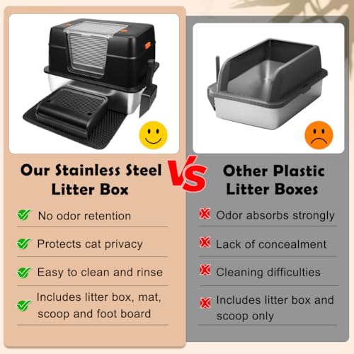 Vivifying Stainless Steel Cat Litter Tray, XXL High-Sided, Removable and Metal Enclosed Stainless Steel Cat Litter Box with Lid with Scoop, Steps and Mat (Black)