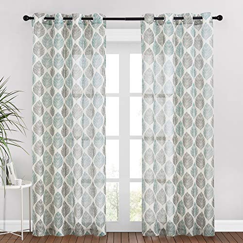 RYB HOME Sheer Curtains with Leaves Pattern - Semi Sheer Privacy Natural Linen…