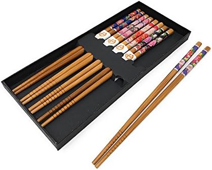 Chopsticks, Japanese Natural Bamboo Chopstick 8.8 inches Long Lightweight Reusable Classic Style Gift Set for Kitchen Dinner (Flower Design, 5 Pairs)
