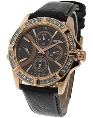 Seiko Lord Rose Gold Case Leather Band Fixed Swarovski Crystal Bezel Ladies Watch SRLZ90P1