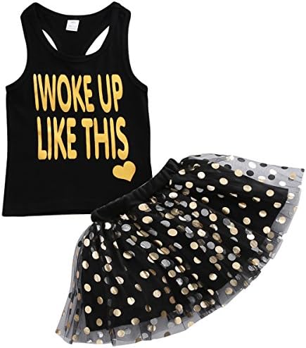 Baby Kids Little Girls Letters Print Sleeveless Tank Vest Top Shirt + Golden Polka Dot Skirt 2 Piece Sets (4-5 Years, Black)
