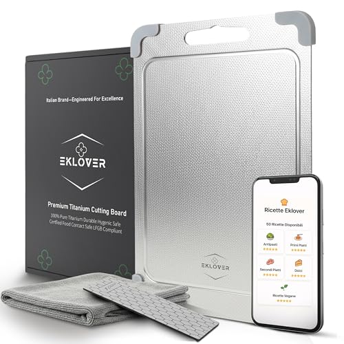 EKLOVER 100% Pure Titanium Chopping Board 35 x 25 cm - Complete Set with Diamond Sharpener, Cloth, 50 Recipes and Gift Box - Non-Slip, Drip and Rice Wheat Finish