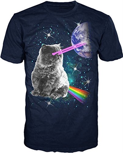 Laser Eyes Space Cat Mens Navy T-shirt XL