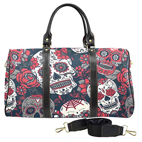 Flowers Sugar Skull Large Travel Duffel Bag Waterproof Weekend Bag Luggage with Strap