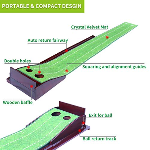 MESIXI Wood Golf Putting Mat Green with Auto Ball Return System