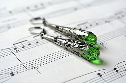 Streampunk Earrings Spring Green Earrings Dangle Long Victorian Filigree Dark Silver Gunmetal Cone Leverback