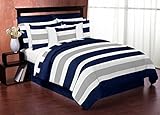 Navy Blue, Gray and White Stripe 4 Piece Childrens, Teen Boys Twin Bedding Set Collection