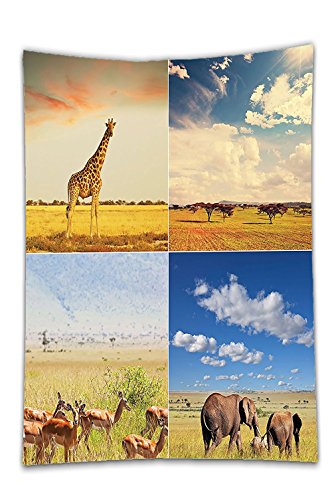 Interestlee Satin drill Tablecloth?Safari Decor Collection African Safari Collage Lanscape with Native Animals on Grassland Savannahs Mamals Photo Multi Dining Room Kitchen Rectangular Table Cover Hom